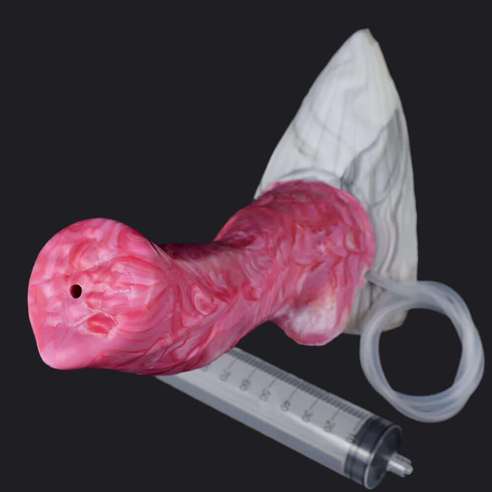 Hell Hound - Ejaculating Dildo in pink with detailed design and syringe for pleasure enhancement.
