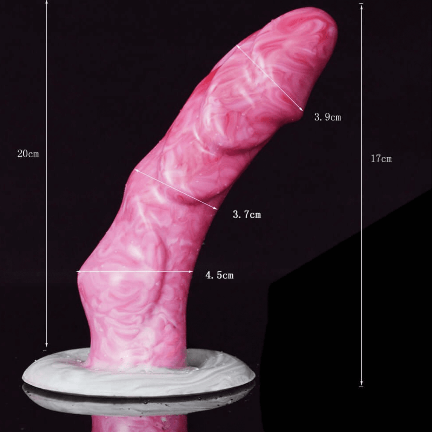 Dragon Dildo Scylla in pink with gill-like flared shaft and pointed head, reflecting on a dark surface.