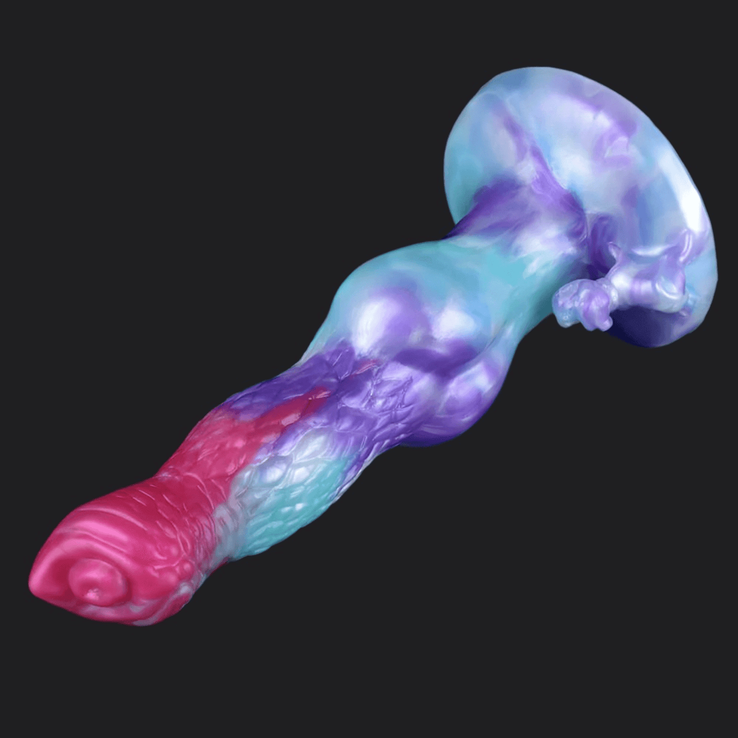 Colorful dragon dildo featuring intricate details and a glossy finish, set against a black background.