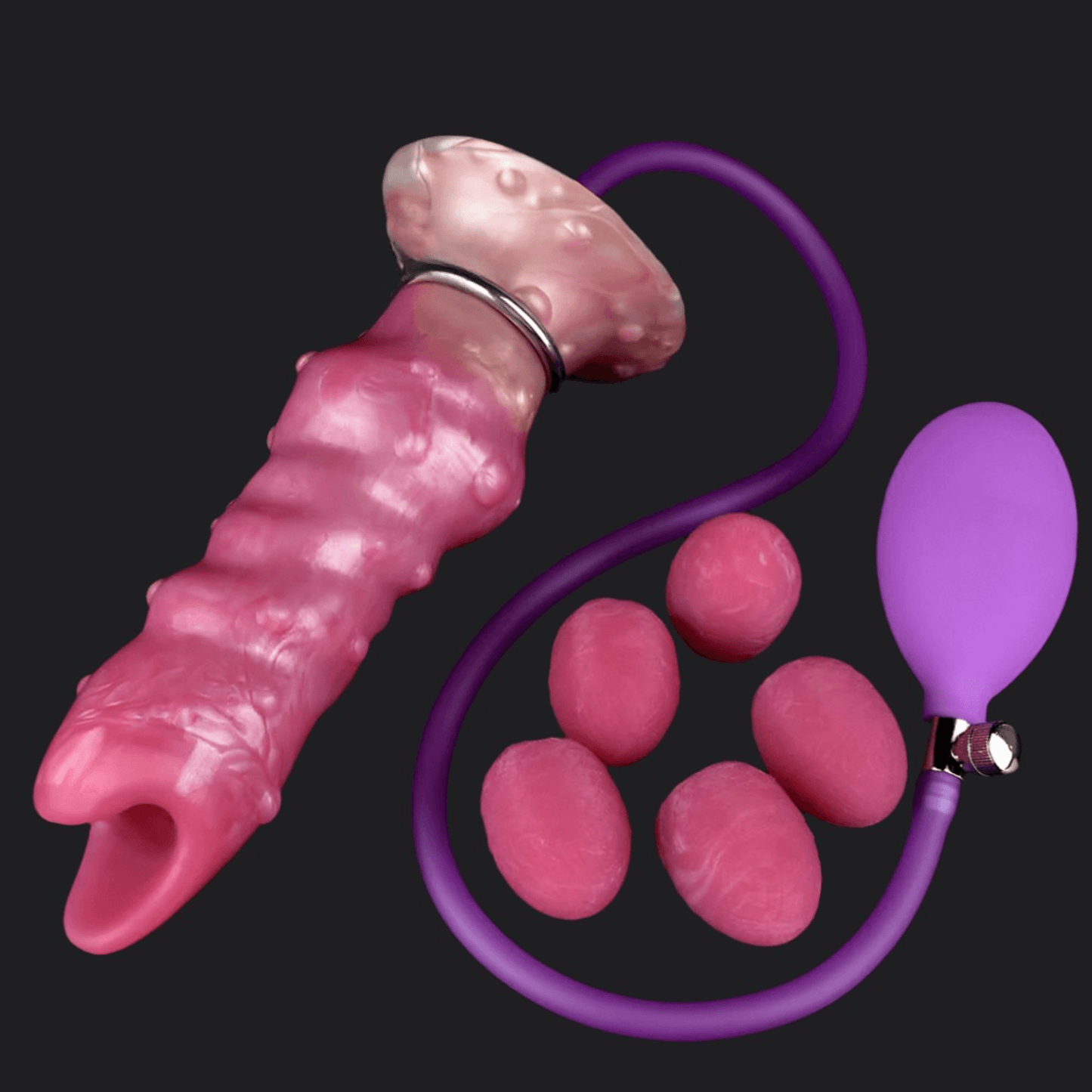 Yautja Ovipositor Alien Dildo in pink, featuring ridged shaft and connected inflatable eggs for exploration.
