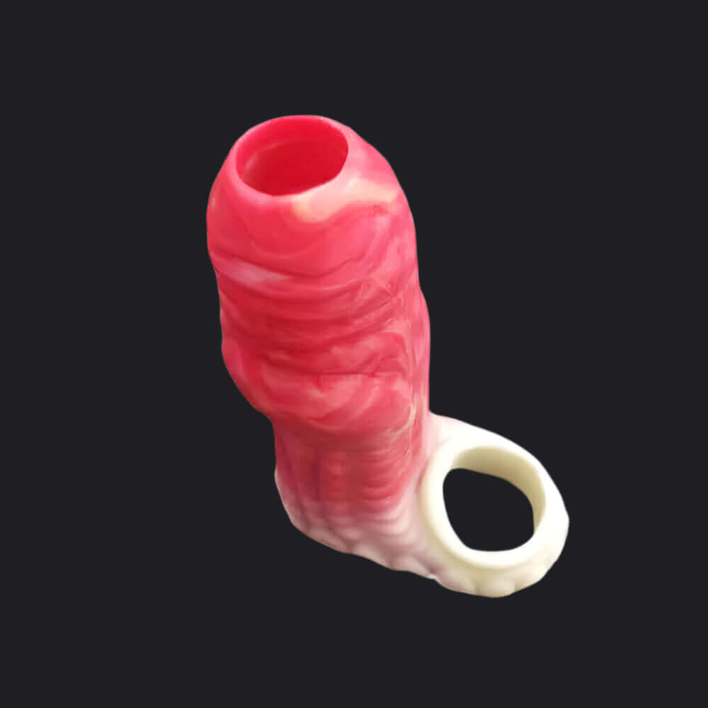 Erek-Hus Dragon Cum Thru Penis Sleeve - Red showcasing its bulbous shaft and ball loop for enhanced pleasure.