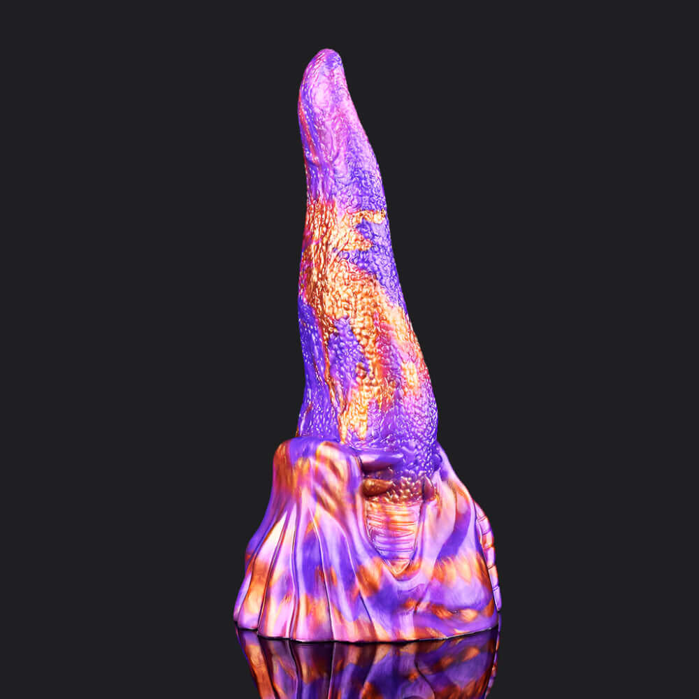 Demon's Tongue dragon dildo in vibrant purple and orange, showcasing realistic design and dimensions for pleasure.
