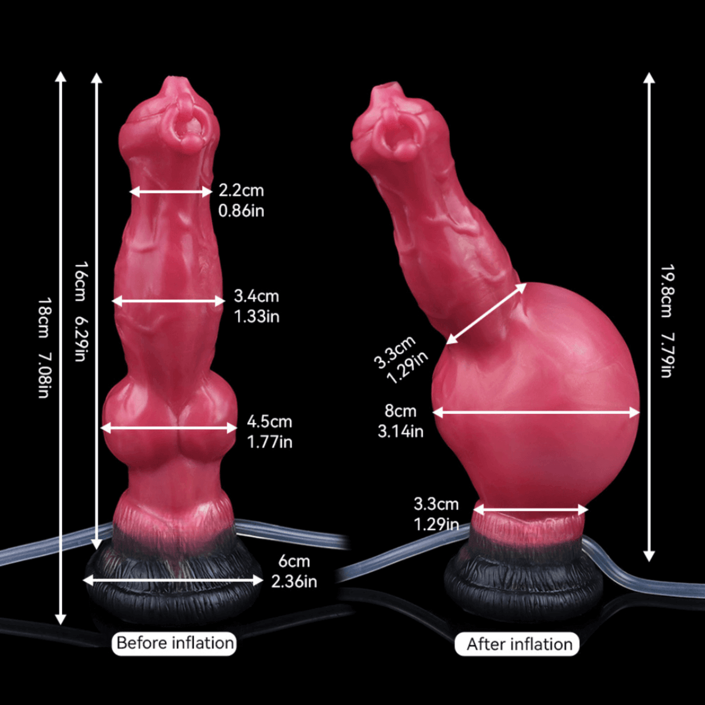 Sköll ejaculating inflatable wolf dildo in the Shadowflame colourway, knot detail -- platinum silicone -- Dragon Dildo®