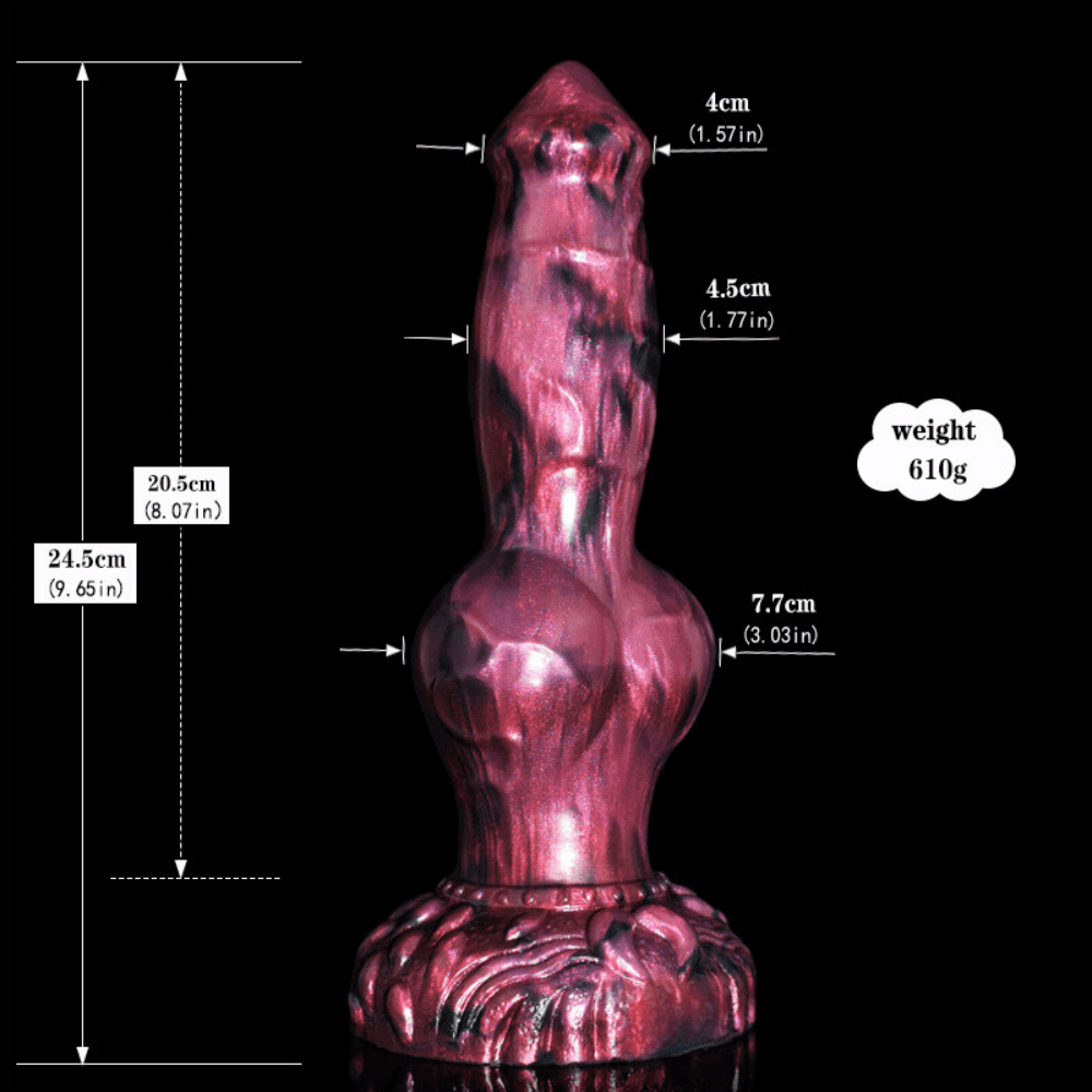 Canine Dildo - Bani measuring 24.5cm total length and 20.5cm insertable length, showcasing its unique design and size.