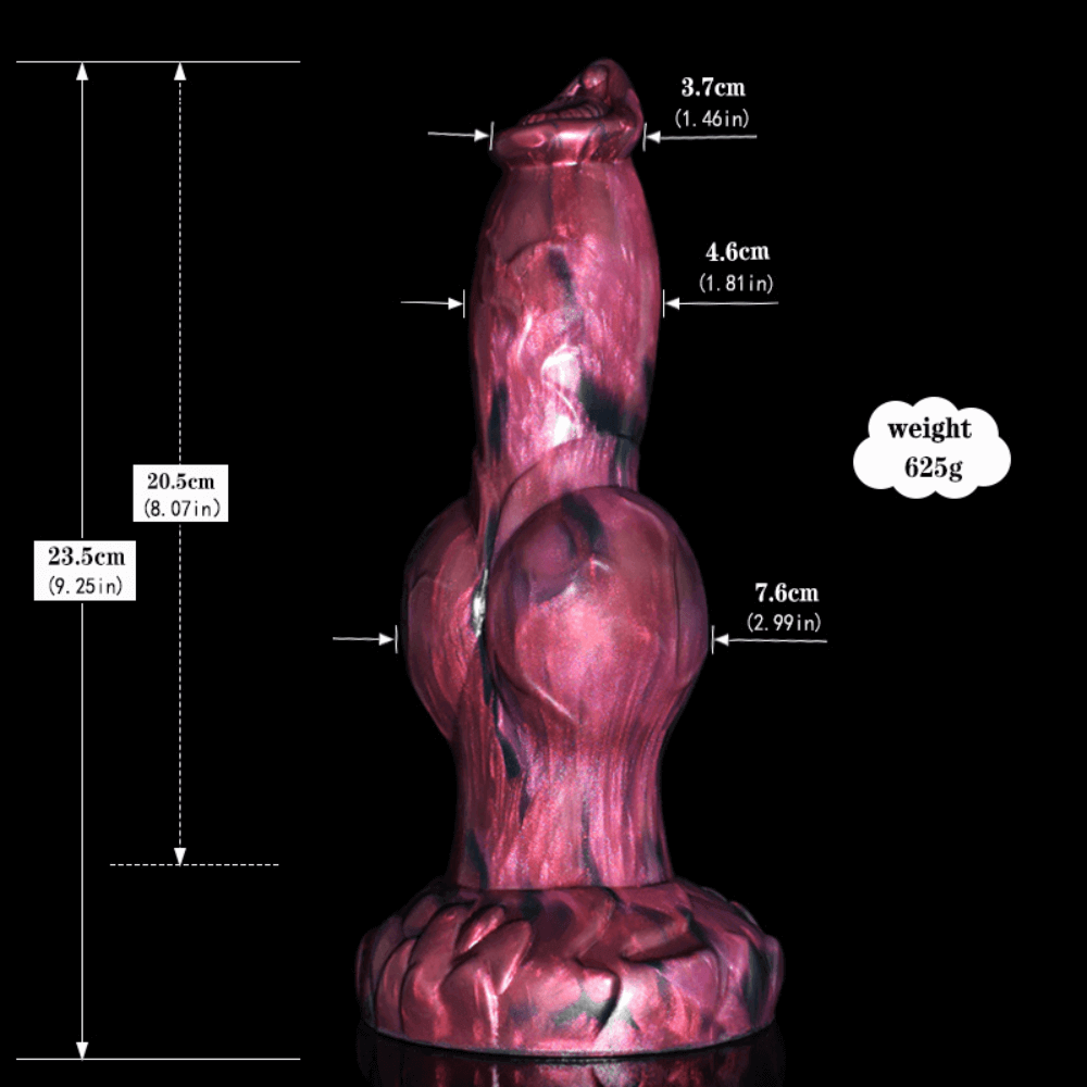Canine Dildo - Coach dimensions and specifications: 23.5cm total length, 20.5cm insertable, 7.6cm diameter. Dragon Dildo Europe.