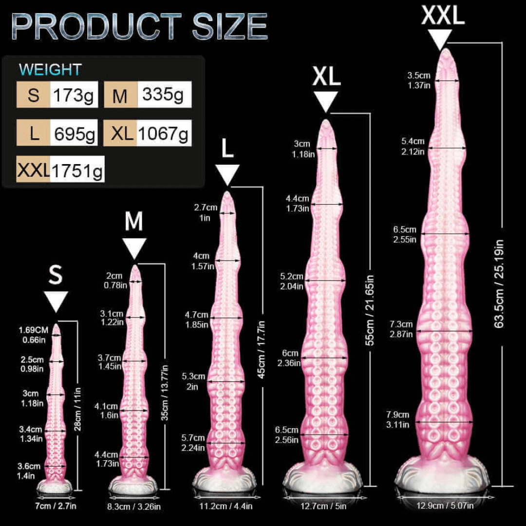 Size chart for Octopus Lord Tentacle Dildo showing dimensions and weights of S, M, L, XL, XXL options.