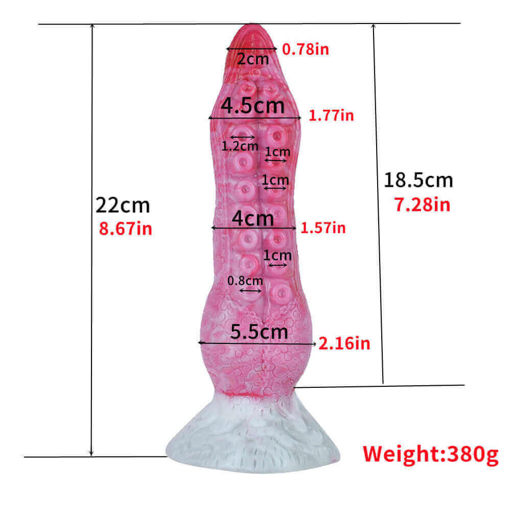 Tentacle Monster Dildo with measurements 22cm tall, 18.5cm insertable length, 5.5cm diameter for pleasure.