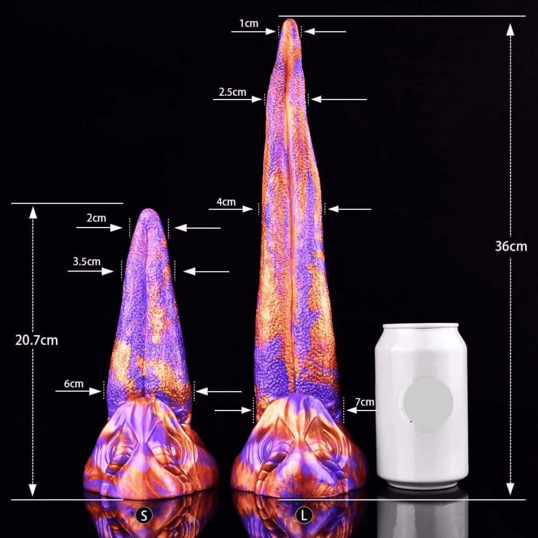 Demon King's Tongue Dildo measurements alongside a soda can for size comparison, showcasing its vibrant design and details.