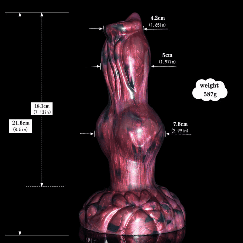Canine Dildo - Devan with textured design and dimensions of 21.6cm length and 7.6cm diameter.