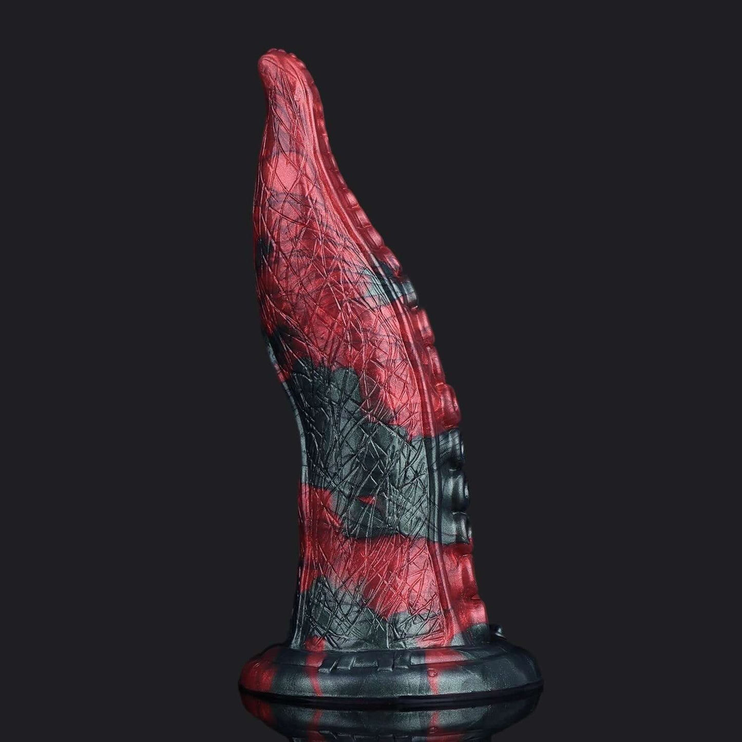 Octopus Tentacle Dildo in red and black with textured design and suction base for enhanced pleasure.