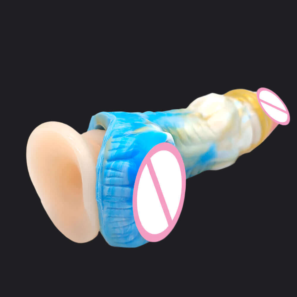 Erek-Hus Dragon Cum Thru Penis Sleeve - Yellow & Blue showcasing its bulbous shaft and textured design.
