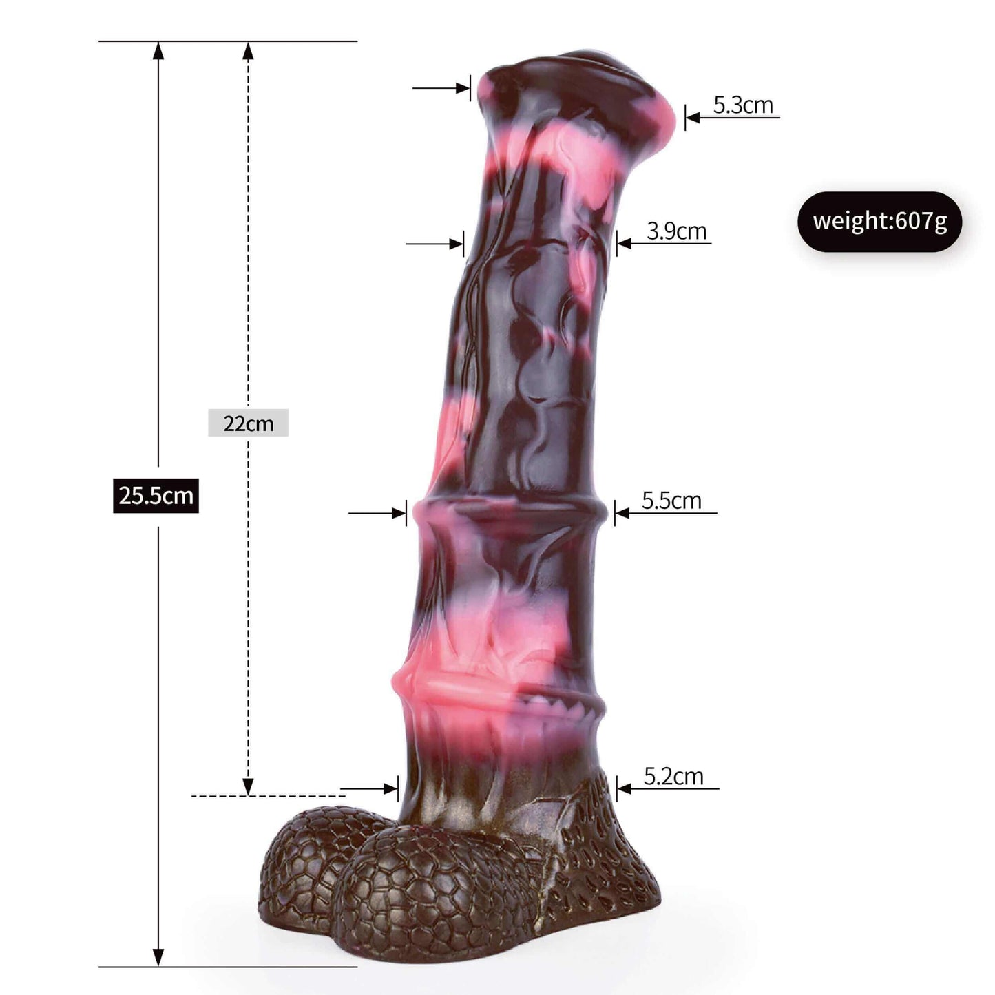 Horse Dildo - Eclipse dimensions and specifications, including 25.5 cm total size, 22 cm insertable length.