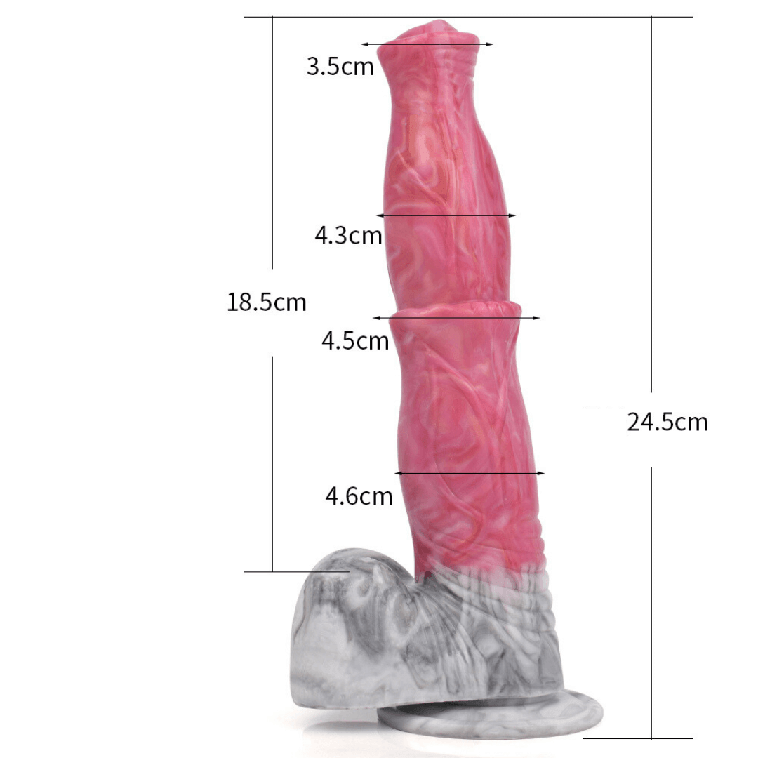 Unicorn Dildo with measurements showing total size 24.5cm and insertable length 19cm, perfect for adventurous play.