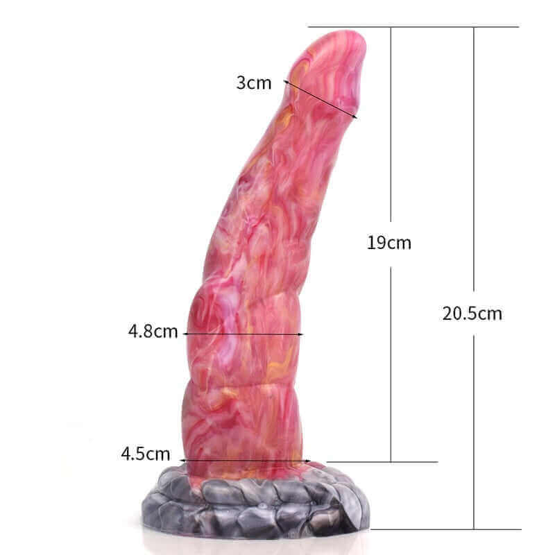 Alien Dildo with detailed measurements, showcasing its unique design and vibrant color for enhanced pleasure.