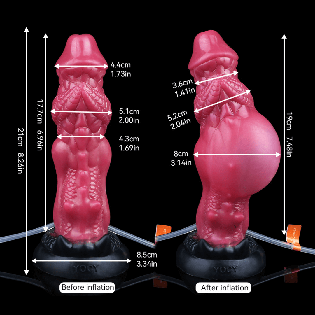 Maleficent ejaculating inflatable dildo in the Shadowflame colourway -- platinum silicone -- Dragon Dildo®