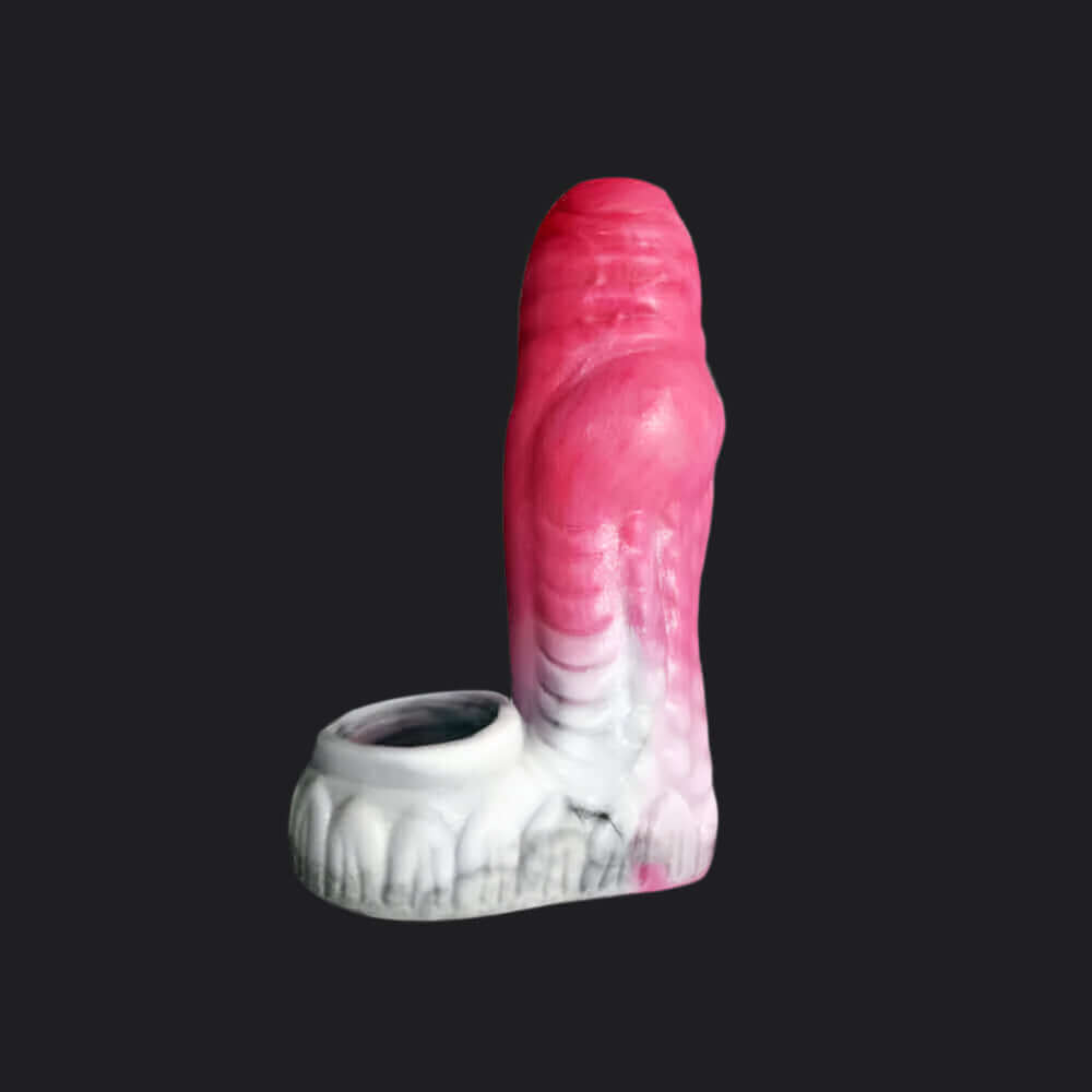 Erek-Hus Dragon Cum Thru Penis Sleeve - Pink on a black background, showcasing its realistic design.
