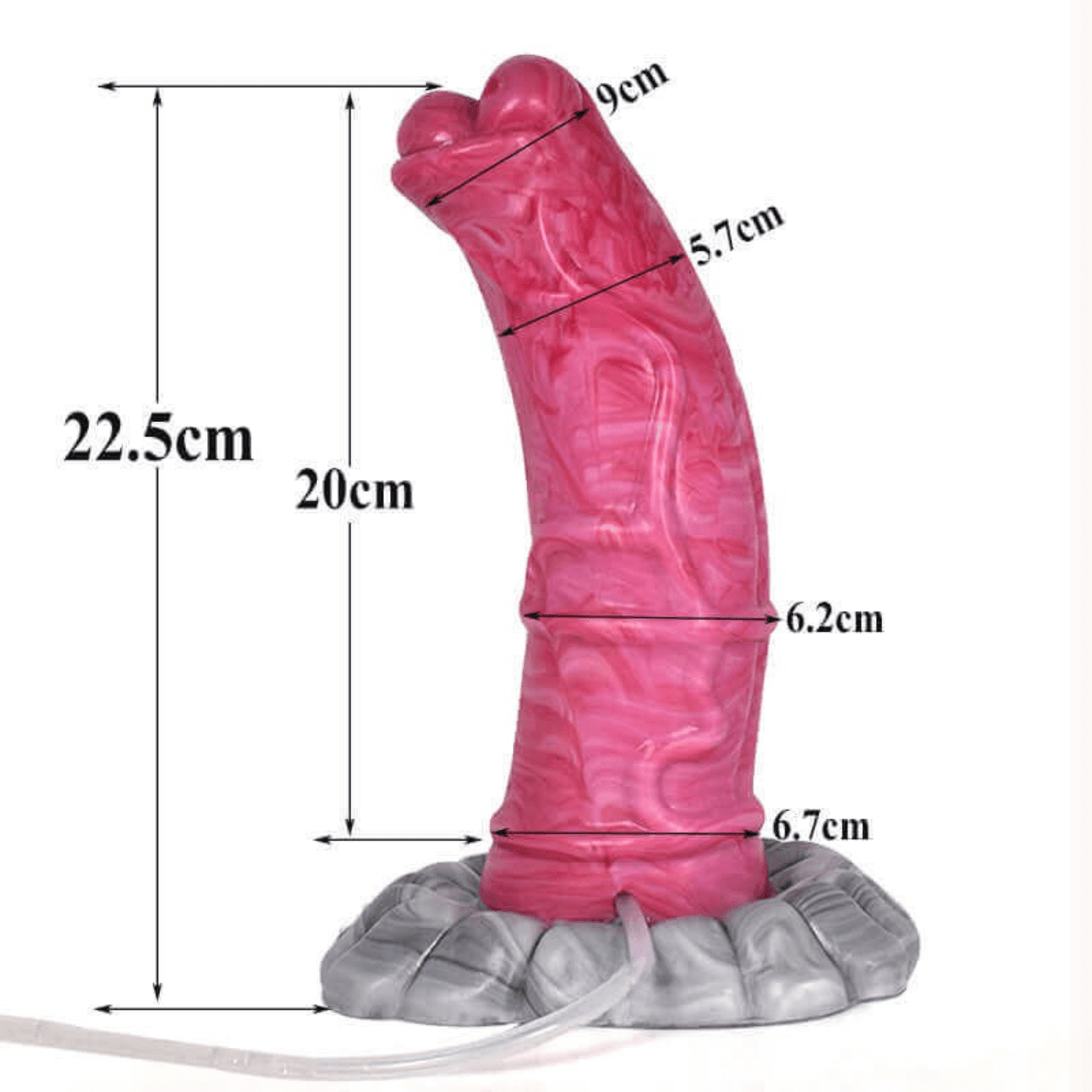 Horse Dildo - Paso Fino Ejaculating detailed size image showing dimensions of 22.5cm total height and 20cm insertable length.