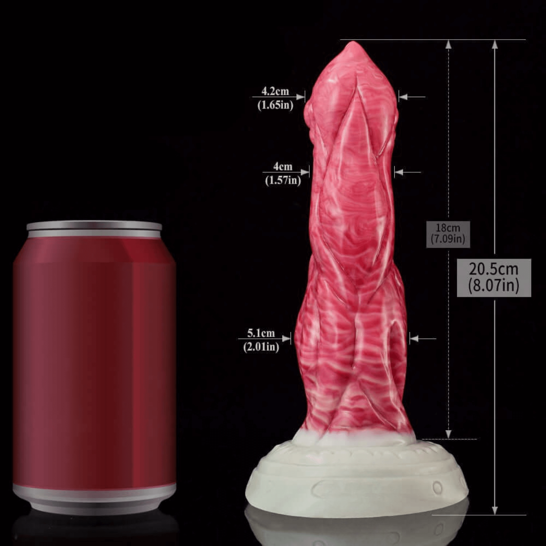 Basilisk Dragon Dildo next to a soda can for size comparison, showcasing its 20.5cm height and detailed design.