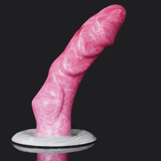 Dragon Dildo Scylla in pink swirling design, featuring a flared base and angled details for enhanced pleasure.