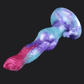 Colorful dragon dildo featuring intricate details and a glossy finish, set against a black background.