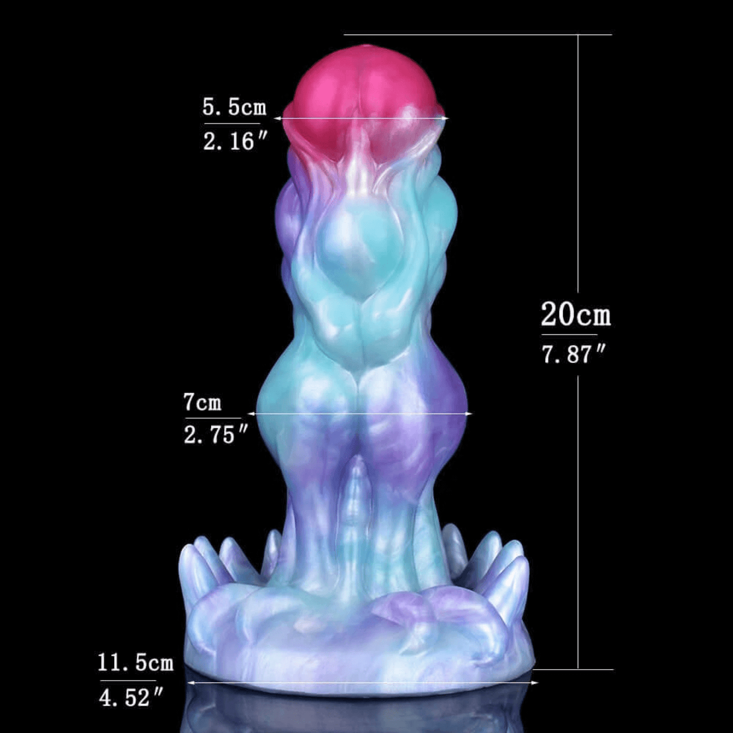 Colorful Grendel Monster Dildo with dimensions, 20cm height and 7cm diameter, perfect for fantasy exploration.