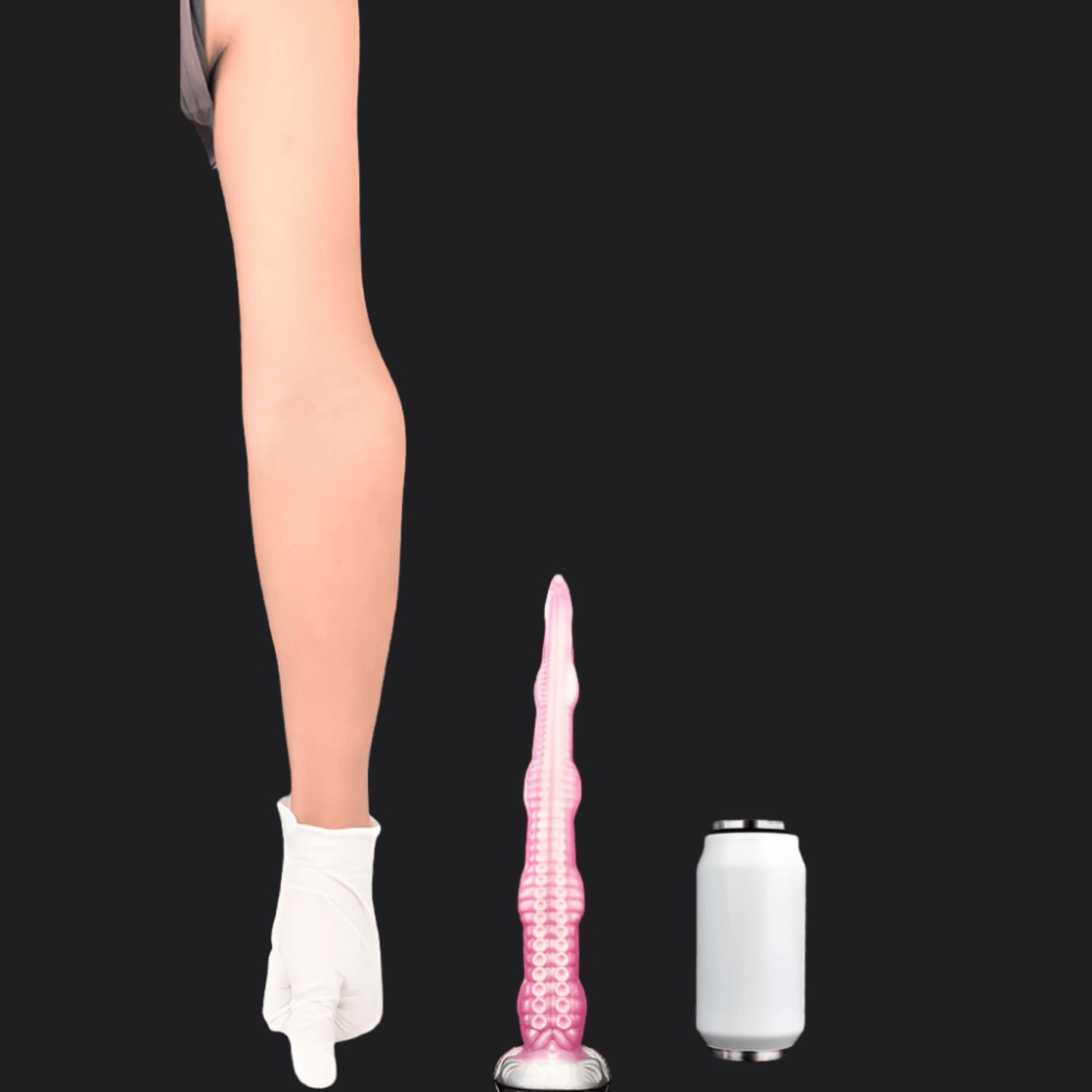 Octopus King Tentacle Dildo next to a soda can for size comparison, featuring vibrant pink tentacle design.