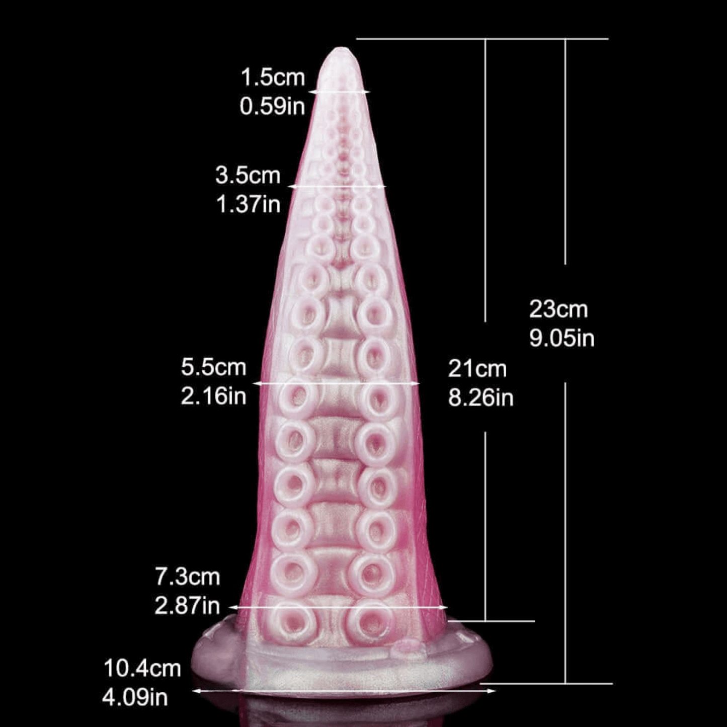 Kraklush Pink Octopus tentacle dildo dimensions showing height, width, and suction cup design for erotic satisfaction.