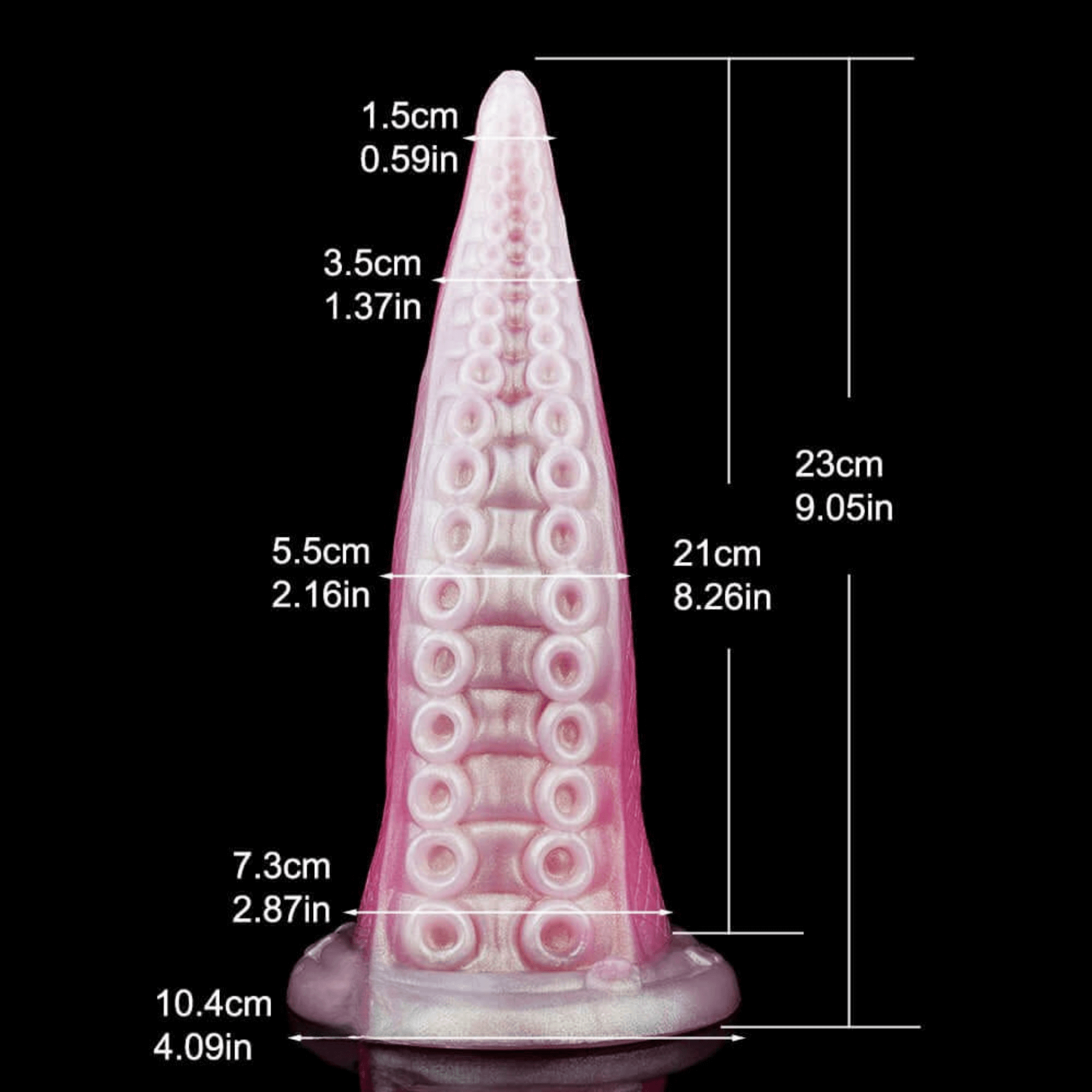 Kraklush Pink Octopus tentacle dildo dimensions showing height, width, and suction cup design for erotic satisfaction.