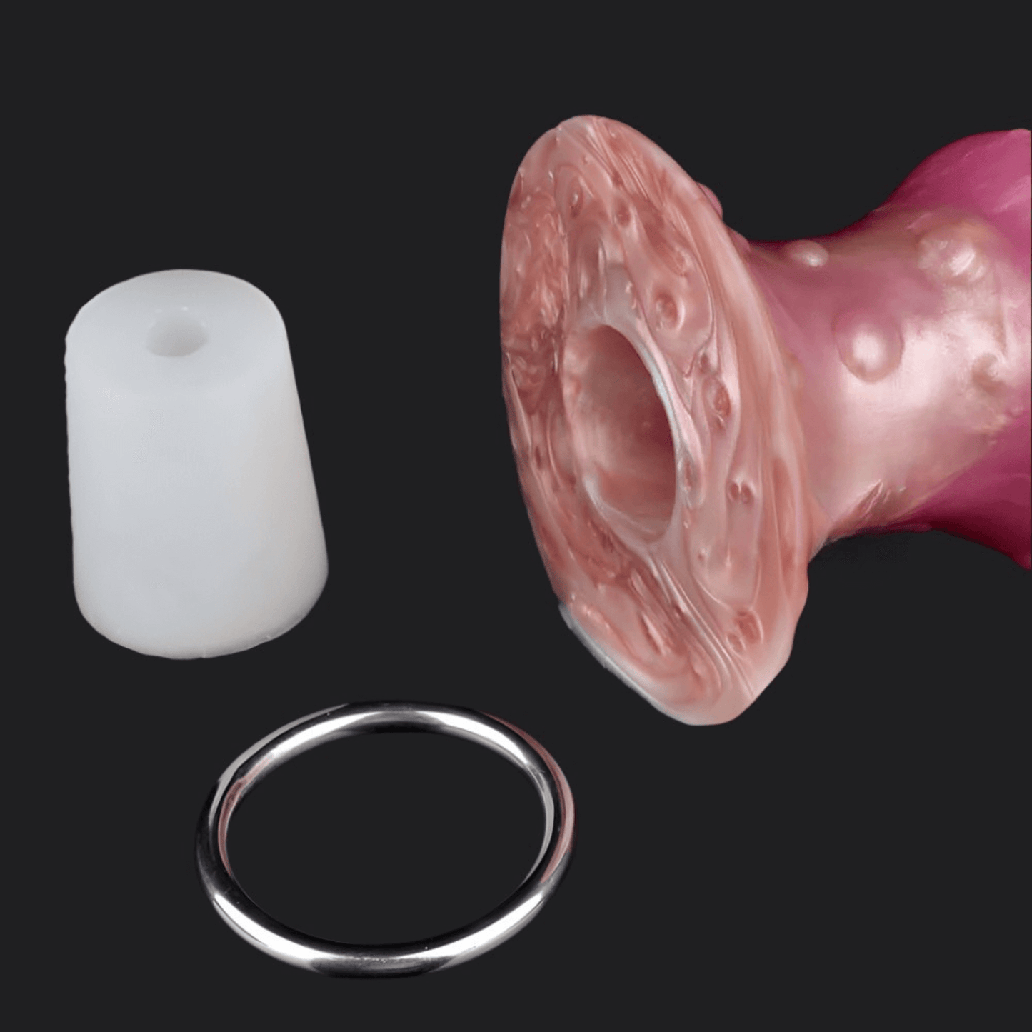 Yautja Ovipositor Alien Dildo with silicone cap and metal ring, showcasing its unique design and vivid colors.