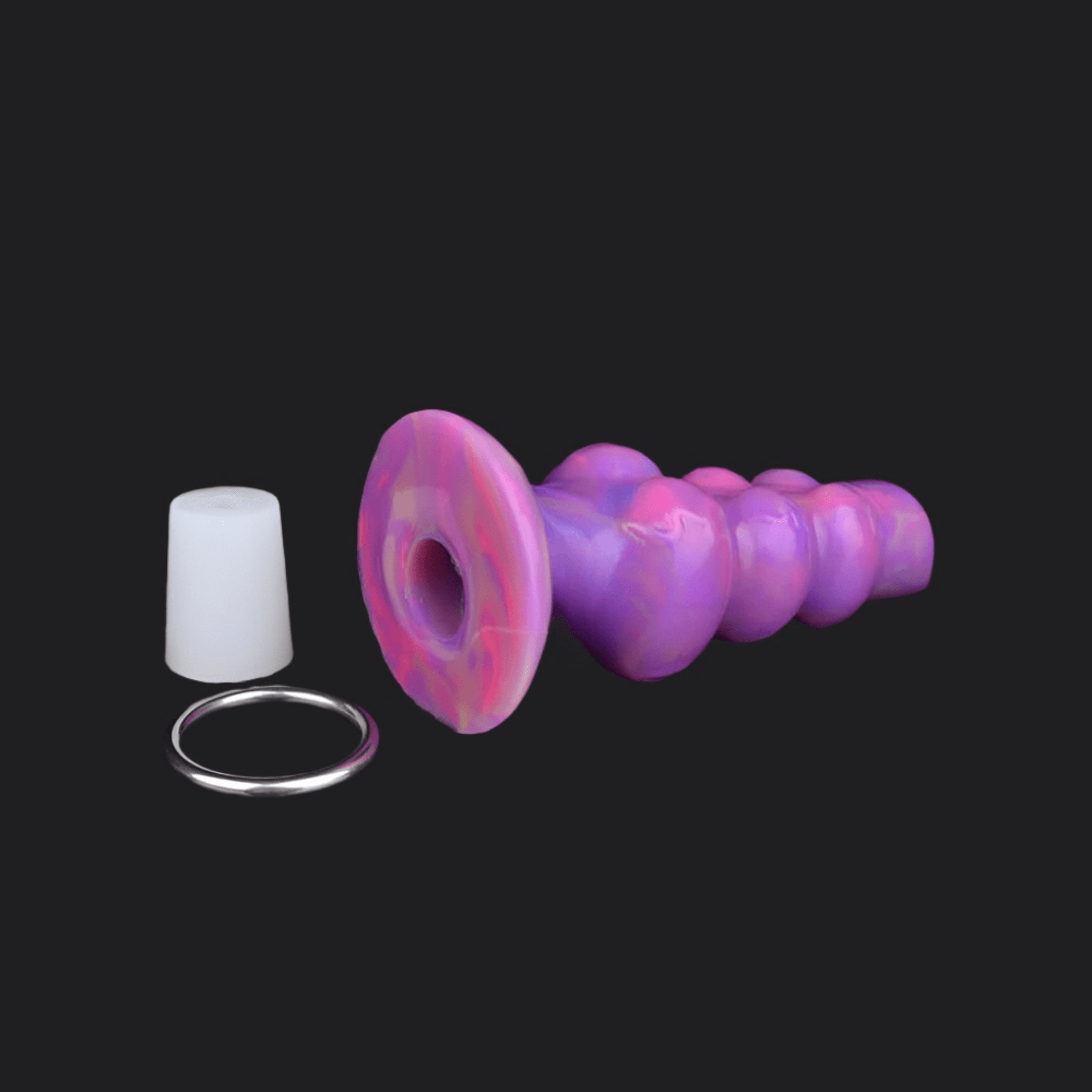 Sil Alien Ovipositor Alien Dildo in vibrant pink and purple colors, showcasing smooth curves and insertable design.