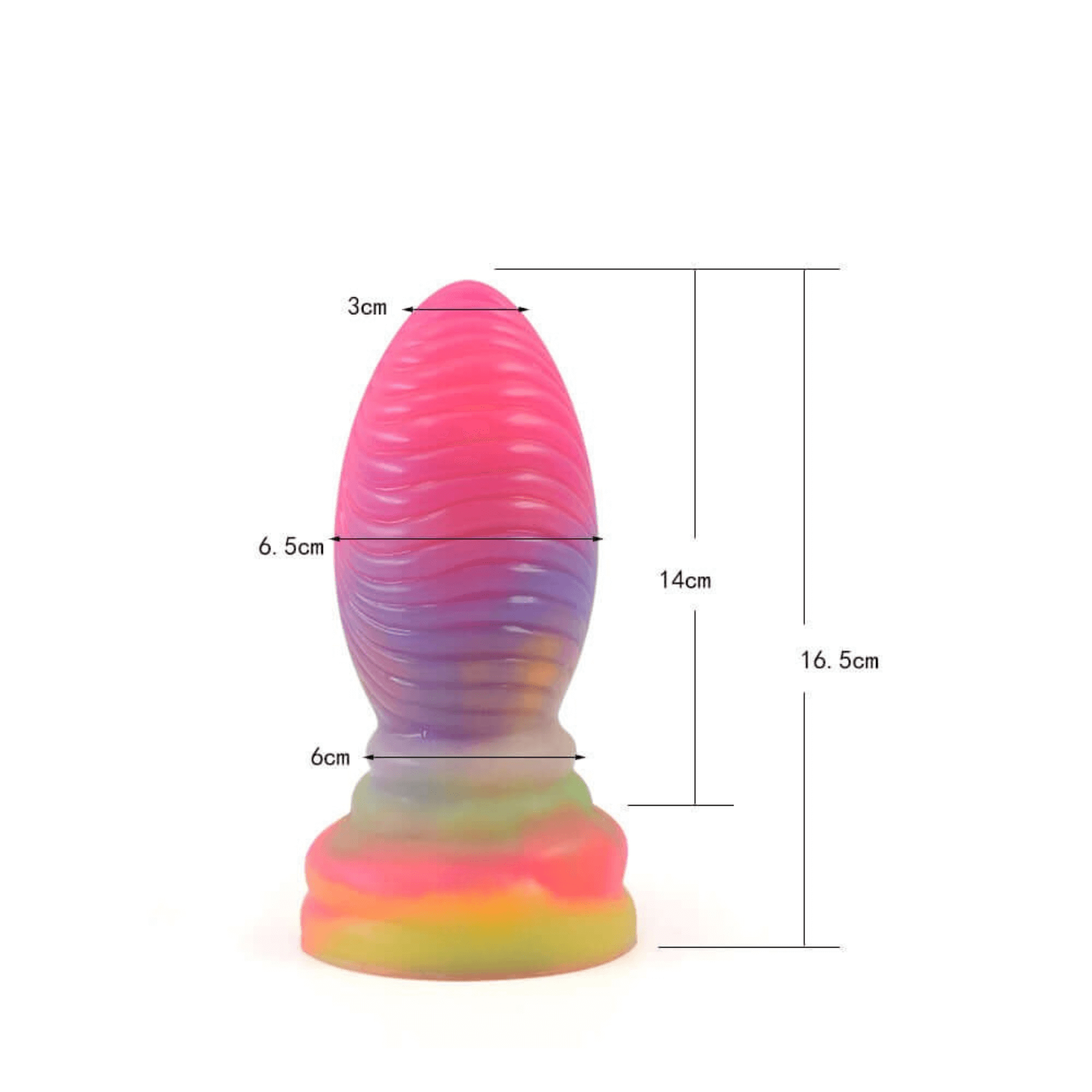 Iris Dragon Egg Plug with vibrant colors, 17 cm length and 14 cm diameter, crafted from premium silicone.