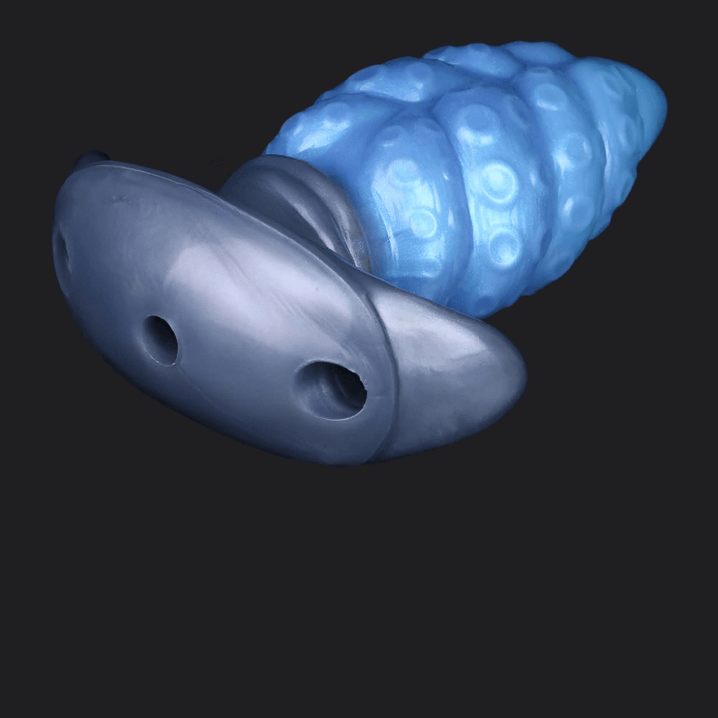 Facehugger Egg Butt Plug XL, blue silicone, curved shape, designed for sci-fi fantasy enthusiasts, 18.1 cm long.