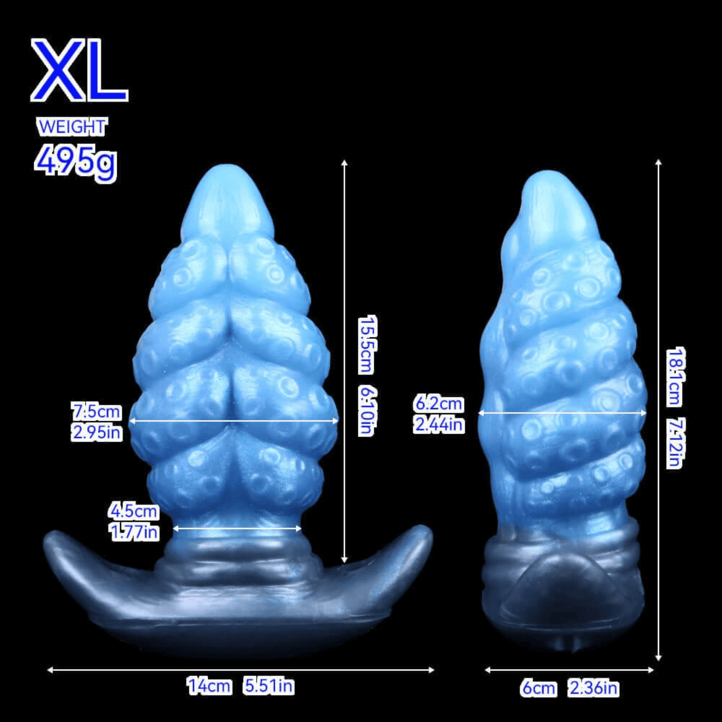 XL Facehugger Egg Butt Plug dimensions: 18.1cm long, 7.5cm diameter, made from premium silicone, suitable for daring experiences.