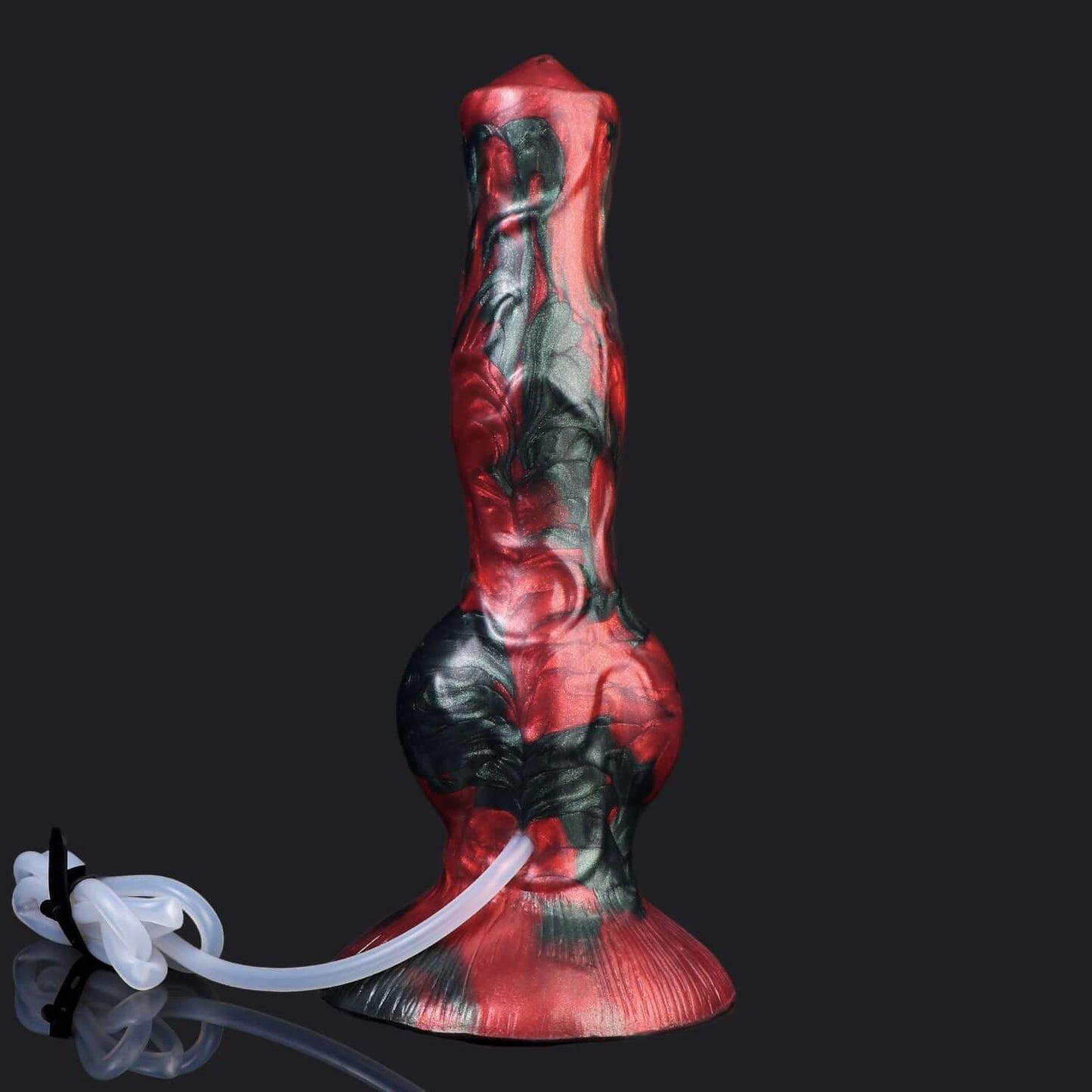 Cerberus - Ejaculating Dildo, crimson and black dildo designed for fantasy play, 21cm total length.