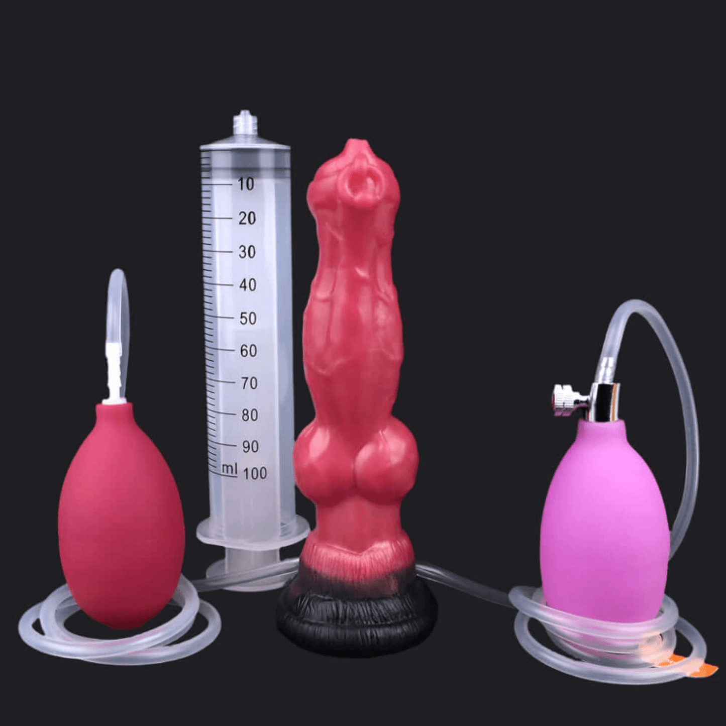 Sköll inflatable wolf dildo with pump system for enhanced pleasure, featuring measuring cylinder and two squeeze bulbs.