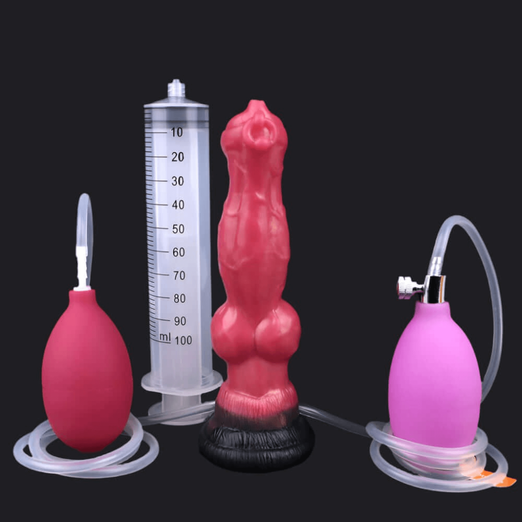 Sköll inflatable wolf dildo with pump system for enhanced pleasure, featuring measuring cylinder and two squeeze bulbs.