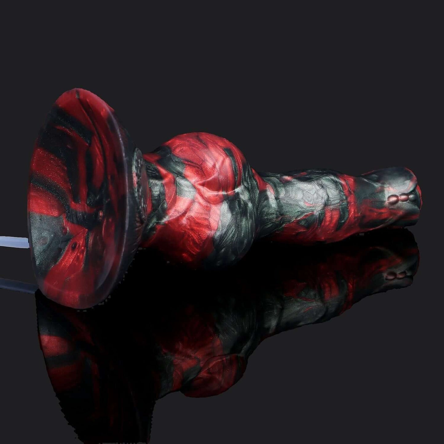Cerberus - Ejaculating Dildo in crimson and black swirl design, perfect for fantasy play; Dragon Dildo Europe.