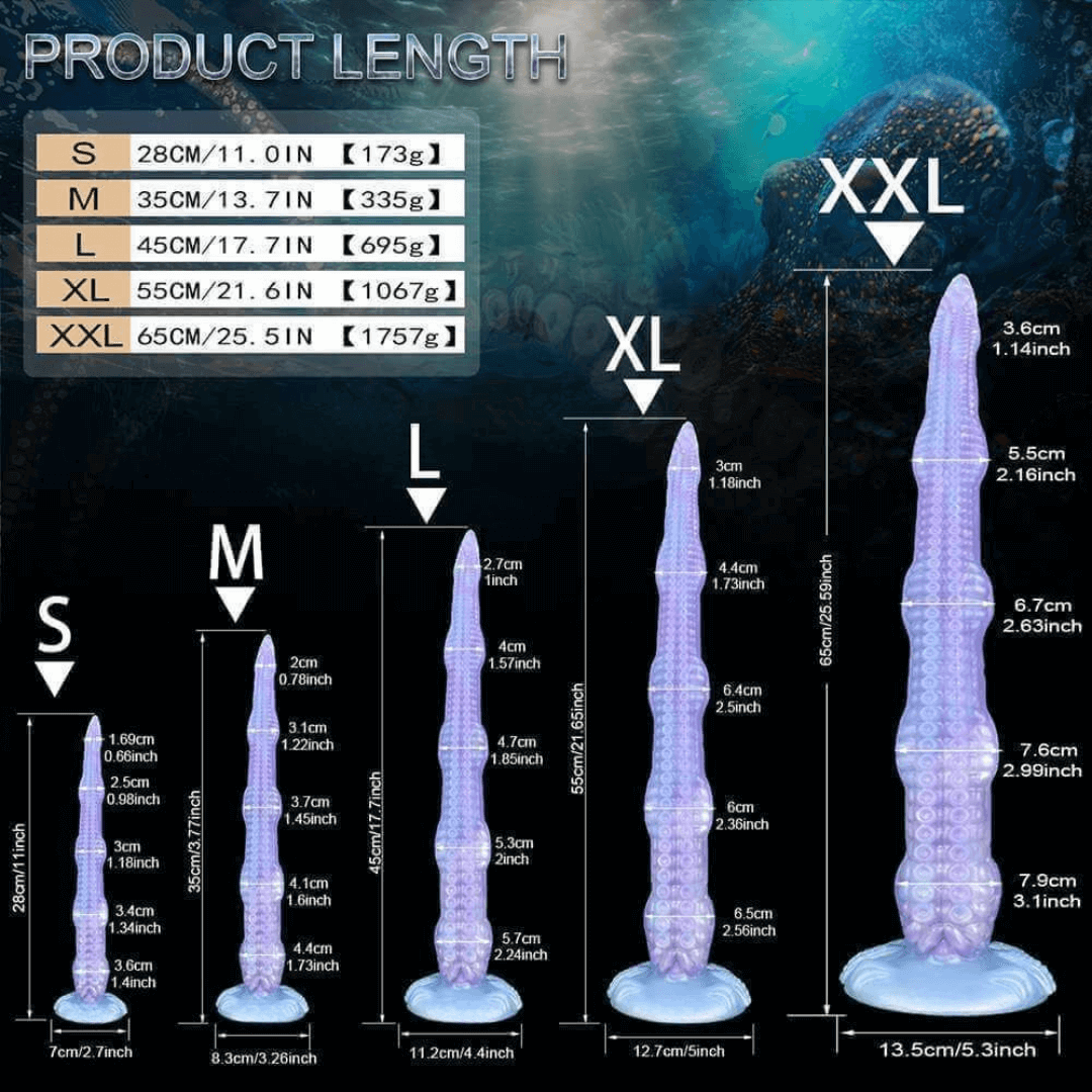 Size chart for Octopus Lord Tentacle Dildo showing dimensions for S, M, L, XL, XXL options for optimal pleasure.