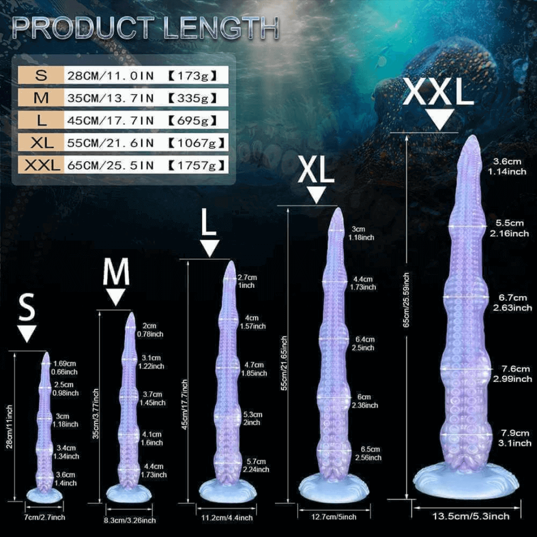 Size chart for Octopus Lord Tentacle Dildo showing dimensions for S, M, L, XL, XXL options for optimal pleasure.