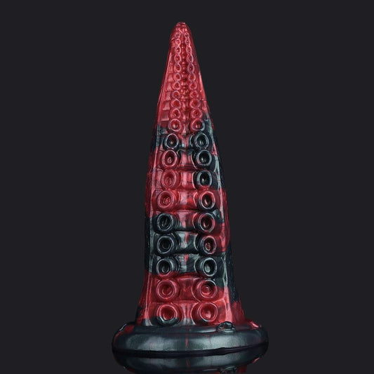 Octopus Tentacle Dildo in crimson and black with detailed suction cups for full sensation and pleasure.