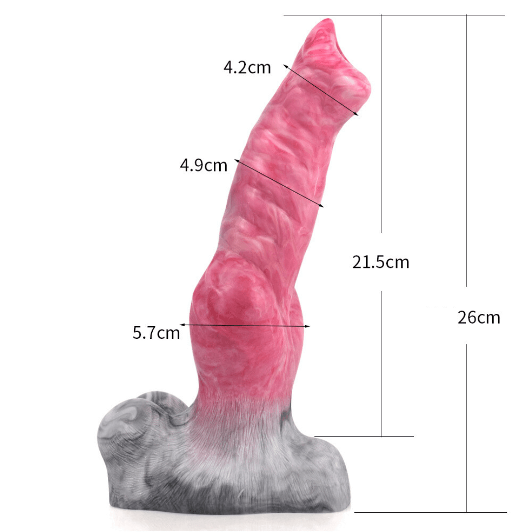 Lycan Werewolf Dildo with dimensions, showcasing ribbed shaft and smooth tip, perfect for pleasure seekers in Europe.