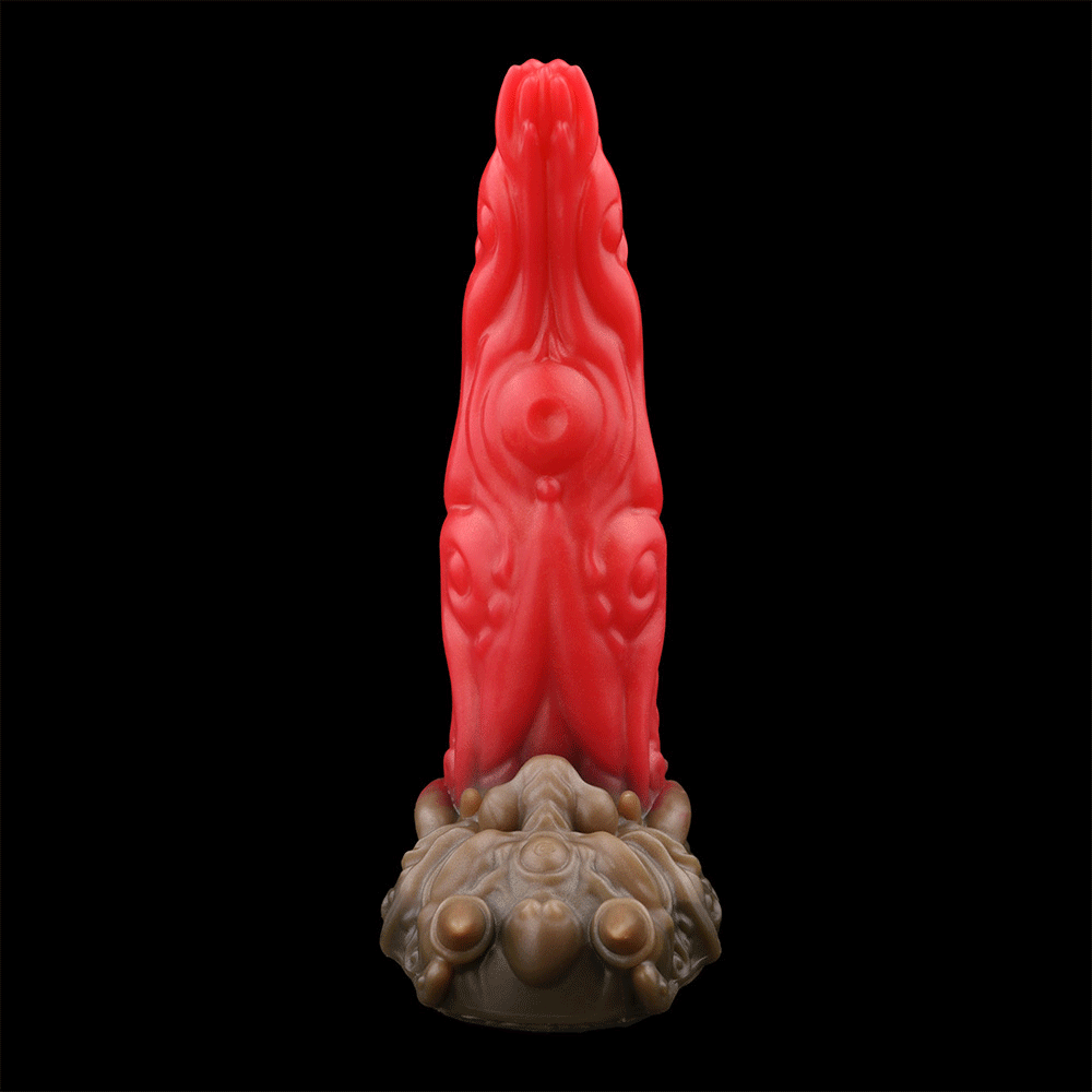 Shuten – Doji Oni Tongue Dildo, a vivid red and gray dildo inspired by Japanese Oni legends, 24.9cm tall, 6.4cm diameter.