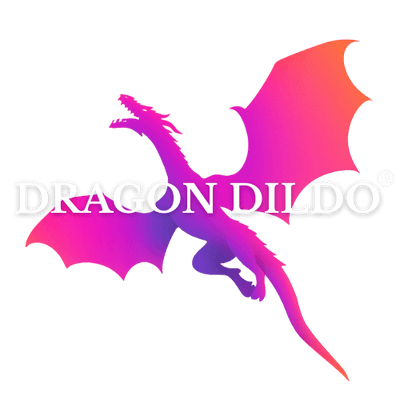 Colorful dragon silhouette with bat wings and the text 'DRAGON DILDO®', ideal for fantasy-themed adult products.