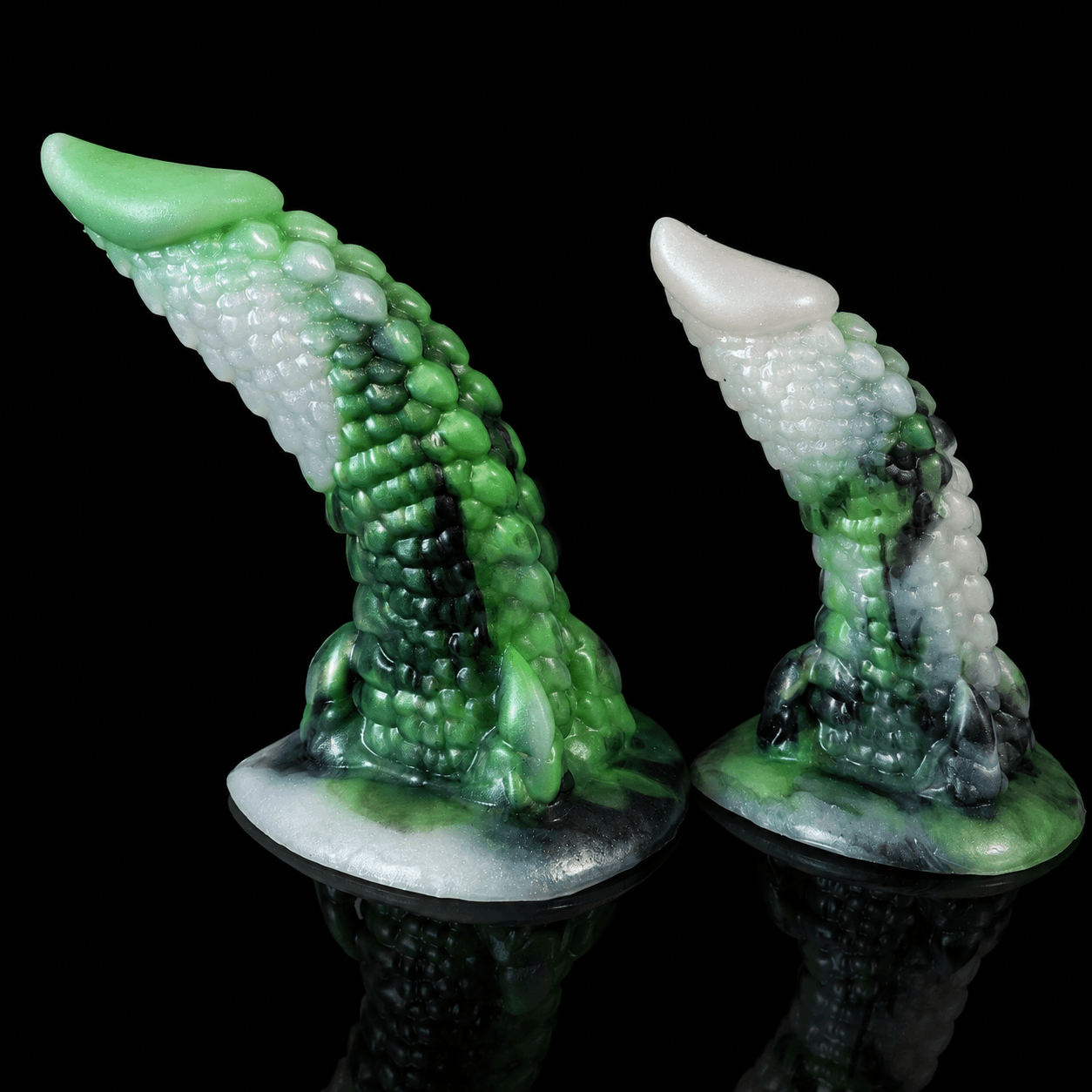 Cuelebre dragon dildo of the Pale Expanse  side by side -- Wyrmglass colourway -- hand-poured platinum silicone -- Dragon Dildo®
