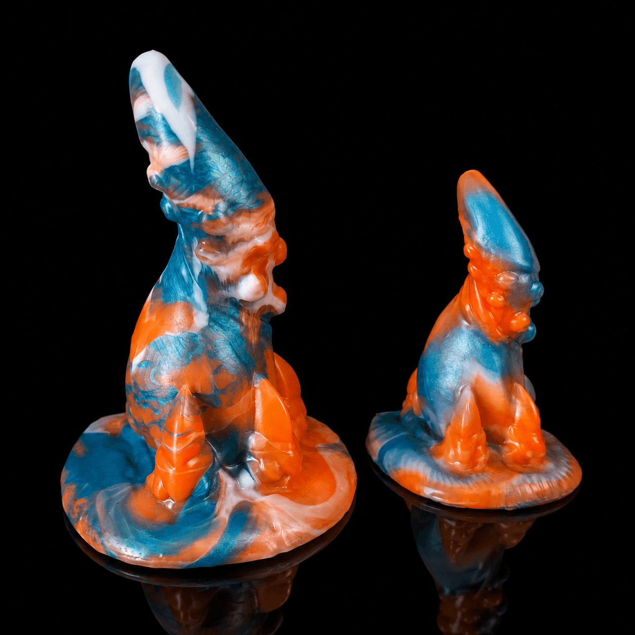 Lusca tentacle dildo of the Riftscar -- Reeffire colourway side by side -- hand-poured platinum silicone -- Dragon Dildo®