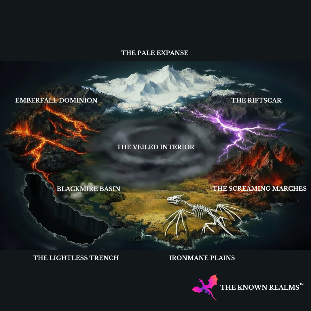 Fantasy map artwork labeled 'The Known Realms' showing multiple realms and regions: the pale expanse, emberfall dominion, blackmire basin, the lightless trench, ironmane plains, the screaming marches, the riftscar, and the veiled interior with a mountain above. The image has a dark fantasy illustration style with glowing lava, purple lightning, skeletal forms, and white text labels.